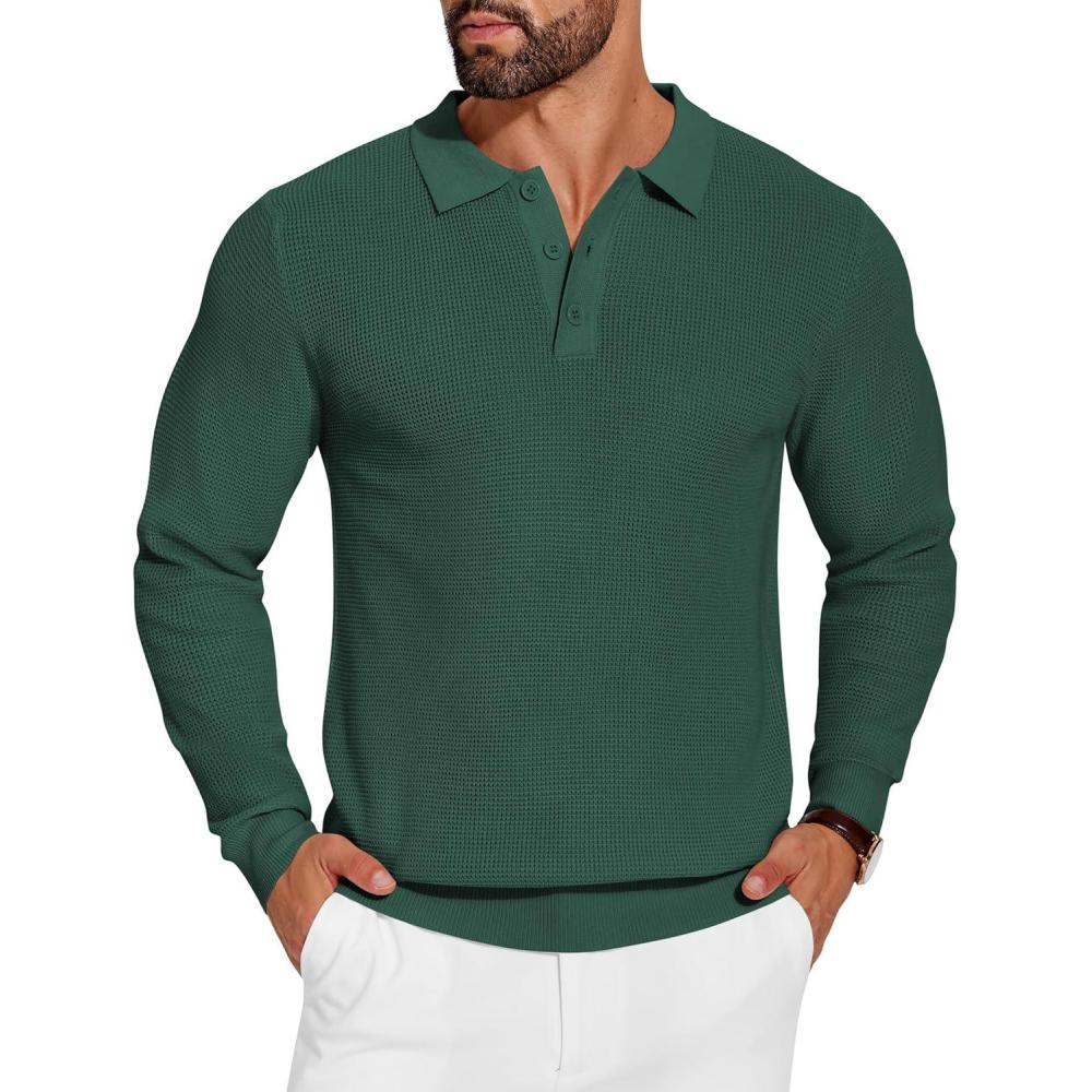 imageCOOFANDY Mens Knit Polo Shirts Long Sleeve Casual Polo Sweaters Shirt Waffle Textured Collared SweaterDrak Green