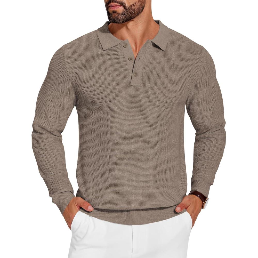 imageCOOFANDY Mens Knit Polo Shirts Long Sleeve Casual Polo Sweaters Shirt Waffle Textured Collared SweaterGray Camel