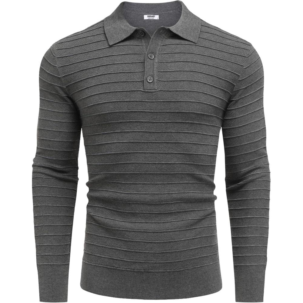 imageCOOFANDY Mens Knit Polo Shirts Long Sleeve Casual Polo Sweaters Shirt Waffle Textured Collared SweaterGray Textured Stripes1