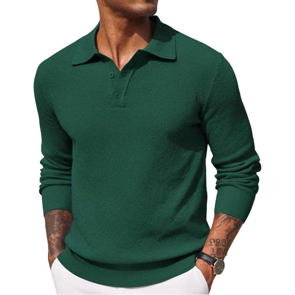 imageCOOFANDY Mens Knit Polo Shirts Long Sleeve Casual Polo Sweaters Shirt Waffle Textured Collared SweaterGreen