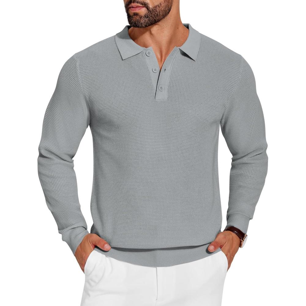 imageCOOFANDY Mens Knit Polo Shirts Long Sleeve Casual Polo Sweaters Shirt Waffle Textured Collared SweaterGrey