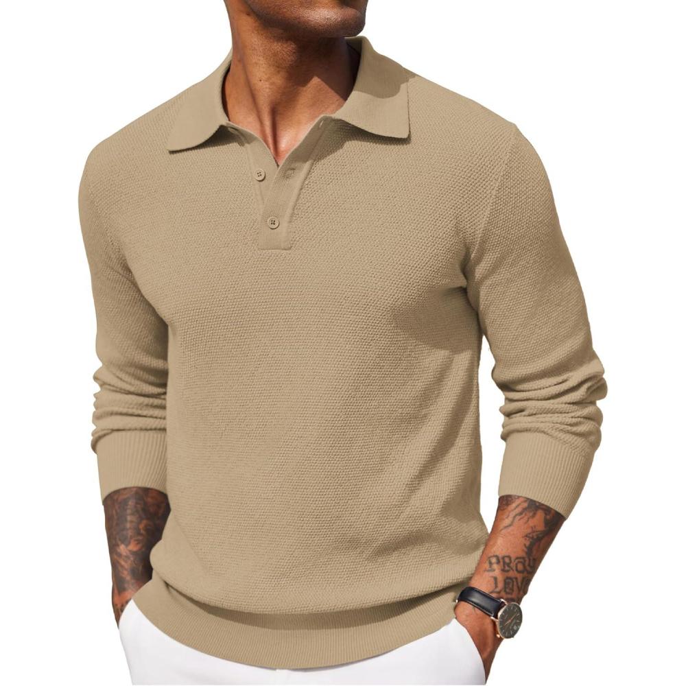 imageCOOFANDY Mens Knit Polo Shirts Long Sleeve Casual Polo Sweaters Shirt Waffle Textured Collared SweaterKhaki