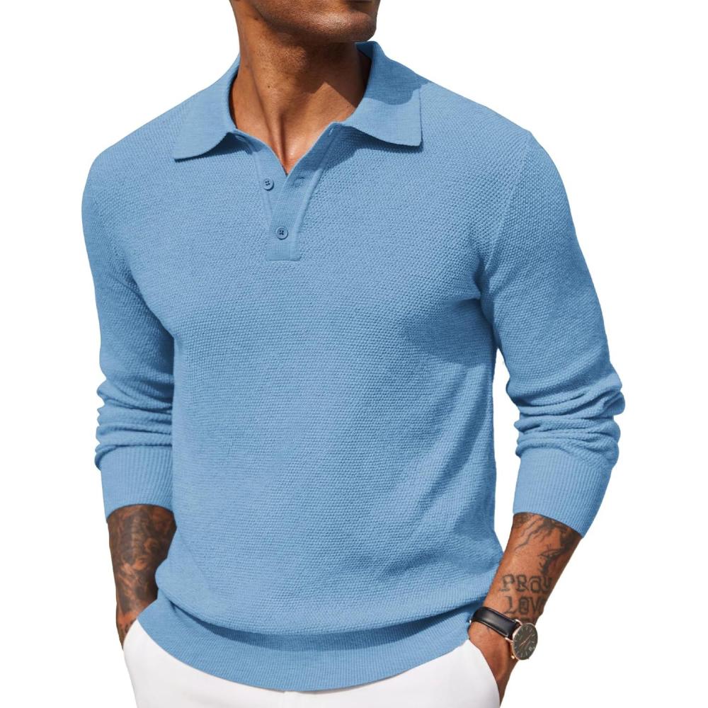 imageCOOFANDY Mens Knit Polo Shirts Long Sleeve Casual Polo Sweaters Shirt Waffle Textured Collared SweaterLight Blue
