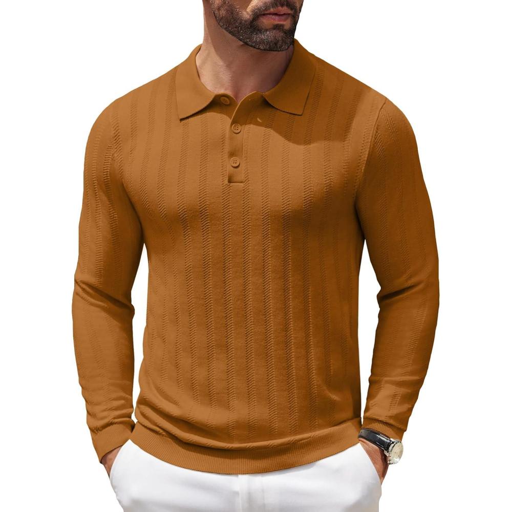 imageCOOFANDY Mens Knit Polo Shirts Long Sleeve Casual Polo Sweaters Shirt Waffle Textured Collared SweaterLight Brown