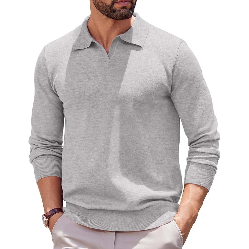 imageCOOFANDY Mens Knit Polo Shirts Long Sleeve Casual Polo Sweaters Shirt Waffle Textured Collared SweaterLight Gray