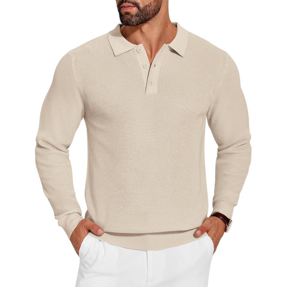 imageCOOFANDY Mens Knit Polo Shirts Long Sleeve Casual Polo Sweaters Shirt Waffle Textured Collared SweaterLight Khaki