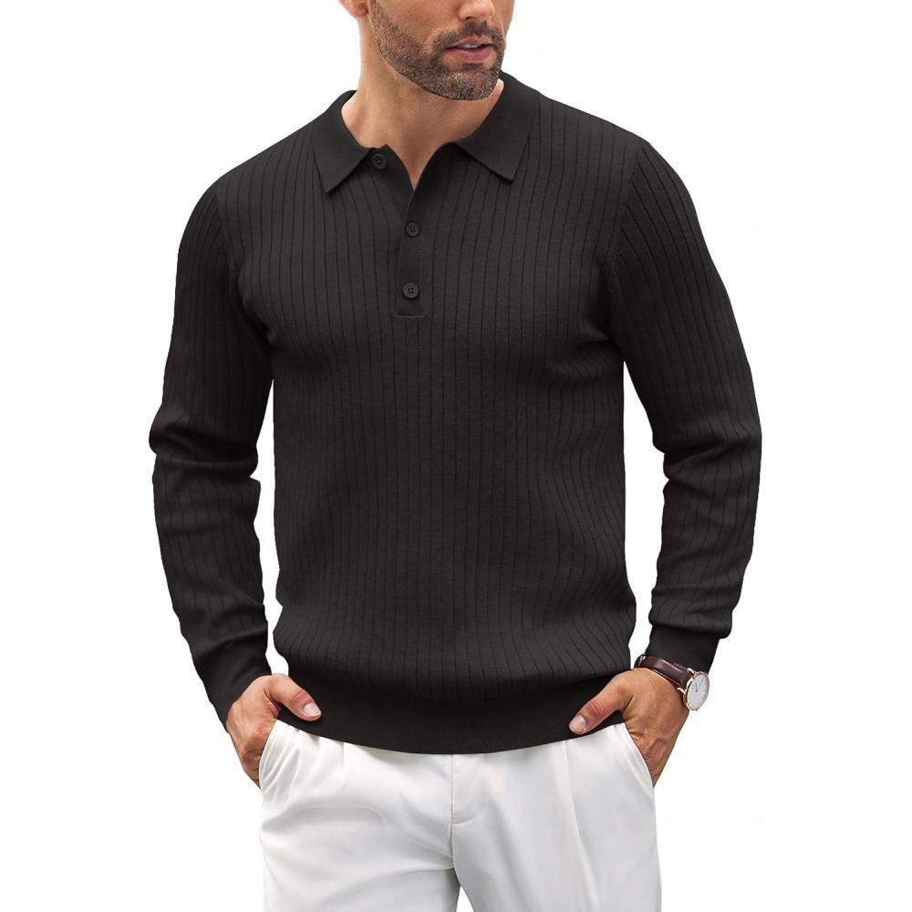 imageCOOFANDY Mens Knit Polo Shirts Long Sleeve Casual Polo Sweaters Shirt Waffle Textured Collared SweaterRibbed Black