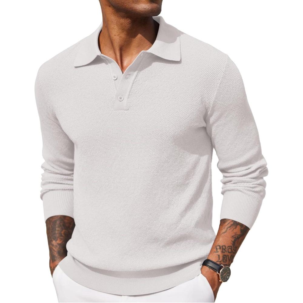 imageCOOFANDY Mens Knit Polo Shirts Long Sleeve Casual Polo Sweaters Shirt Waffle Textured Collared SweaterWhite