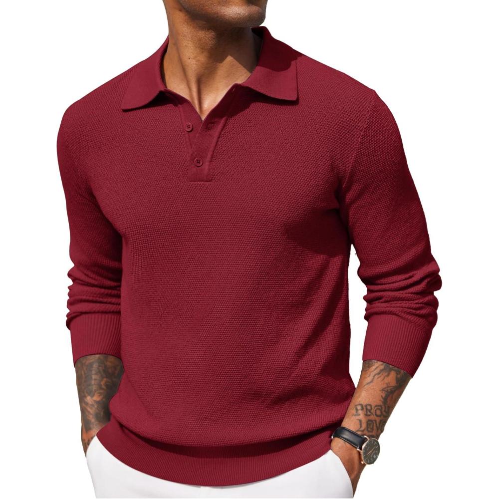 imageCOOFANDY Mens Knit Polo Shirts Long Sleeve Casual Polo Sweaters Shirt Waffle Textured Collared SweaterWine Red