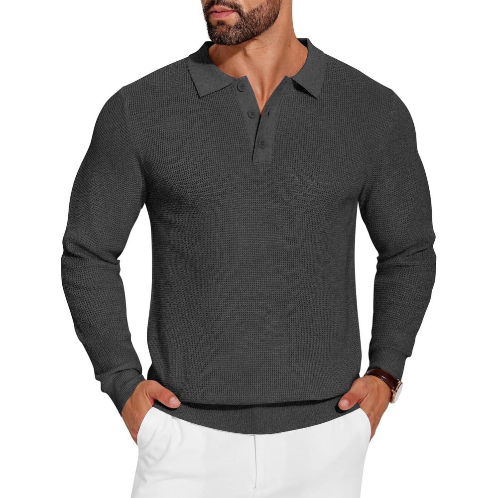 imageCOOFANDY Mens Knit Polo Shirts Long Sleeve Sweater Casual Polo Shirts Lightweight Collared T ShirtsDark Grey
