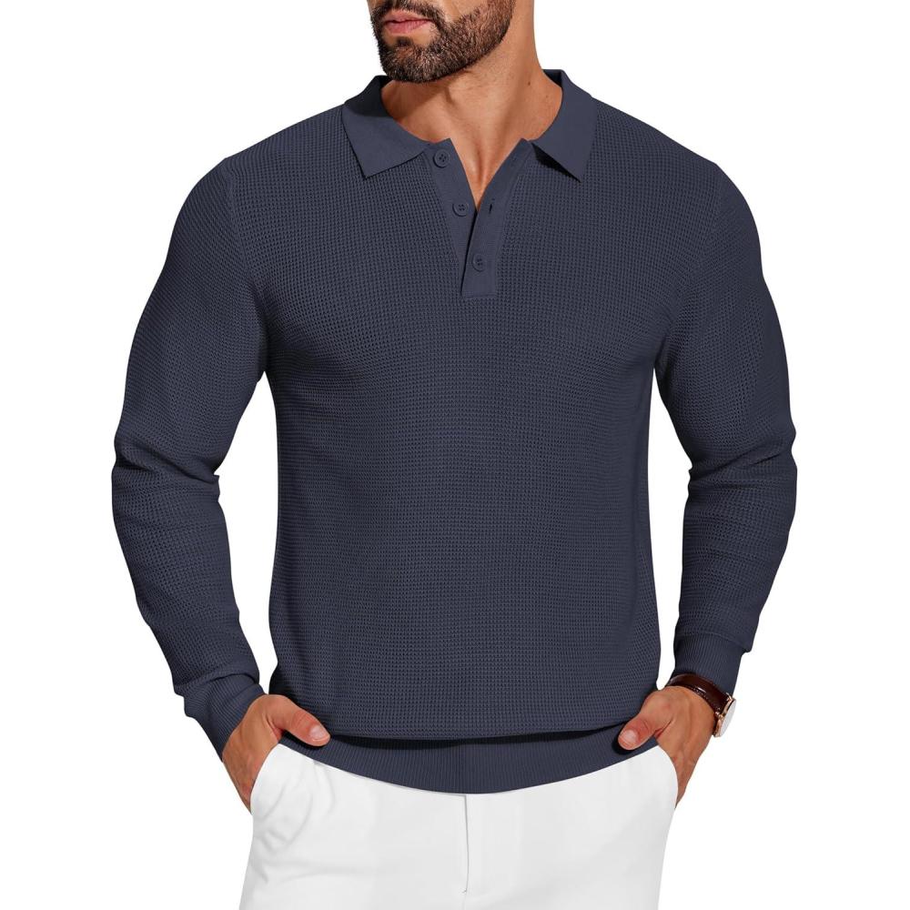 imageCOOFANDY Mens Knit Polo Shirts Long Sleeve Sweater Casual Polo Shirts Lightweight Collared T ShirtsNavy Blue