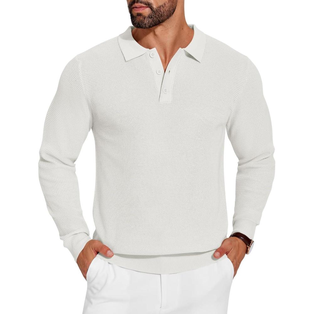 imageCOOFANDY Mens Knit Polo Shirts Long Sleeve Sweater Casual Polo Shirts Lightweight Collared T ShirtsWhite