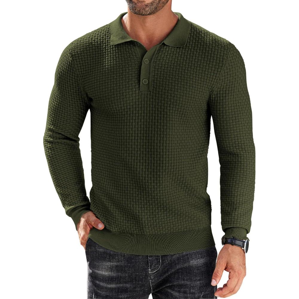 imageCOOFANDY Mens Knit Polo Shirts Long Sleeve Sweater Polo Lightweight Fashion Casual Collared T Shirts Army Green