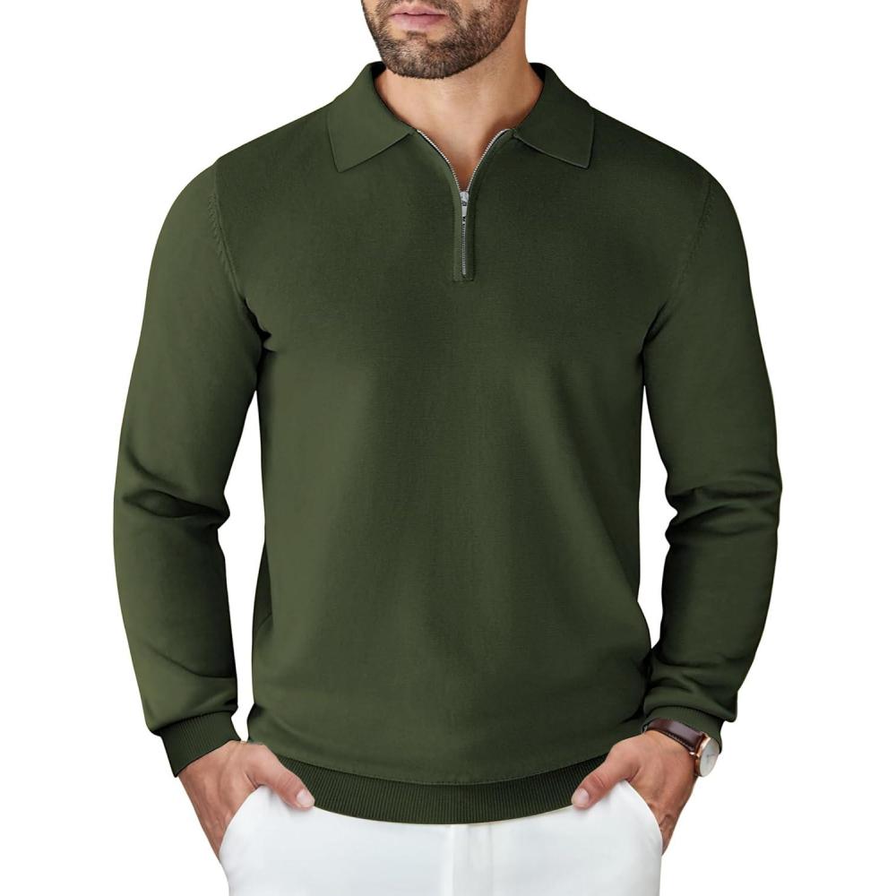 imageCOOFANDY Mens Knit Polo Sweater Casual Long Sleeve Quarter Zip Polo Sweater Classic Golf ShirtsArmy Green