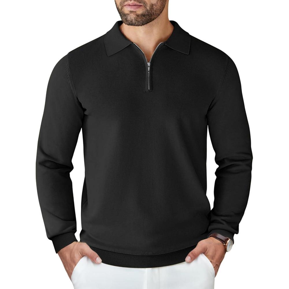 imageCOOFANDY Mens Knit Polo Sweater Casual Long Sleeve Quarter Zip Polo Sweater Classic Golf ShirtsBlack