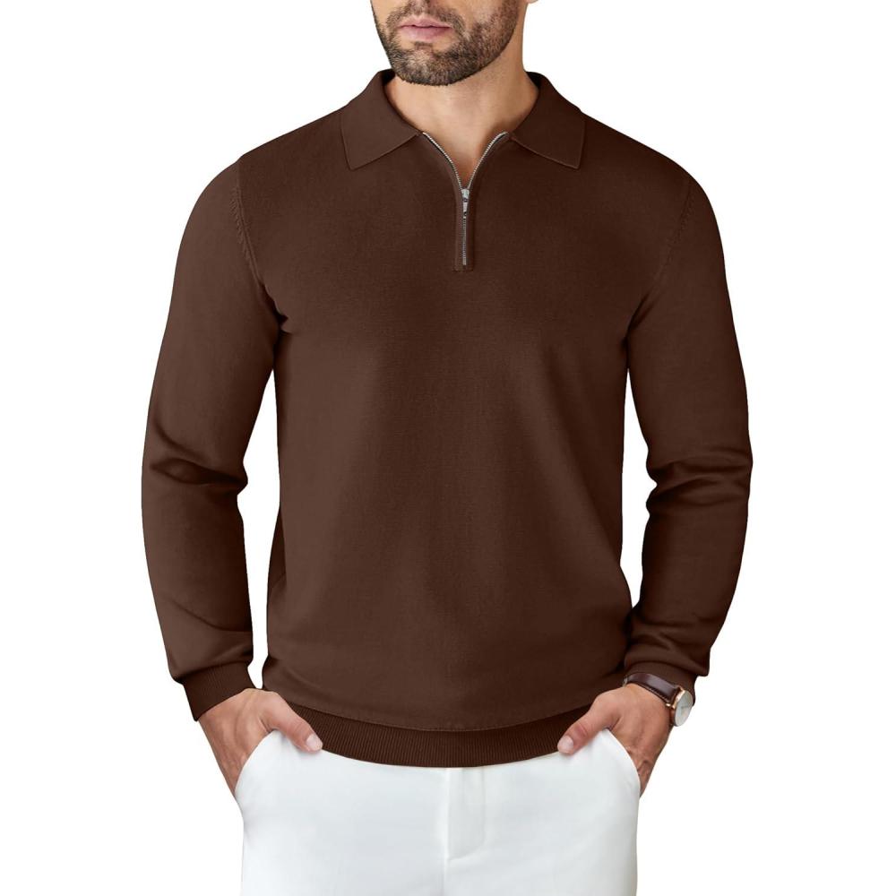 imageCOOFANDY Mens Knit Polo Sweater Casual Long Sleeve Quarter Zip Polo Sweater Classic Golf ShirtsBrown