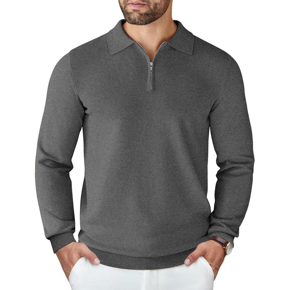 imageCOOFANDY Mens Knit Polo Sweater Casual Long Sleeve Quarter Zip Polo Sweater Classic Golf ShirtsDark Grey