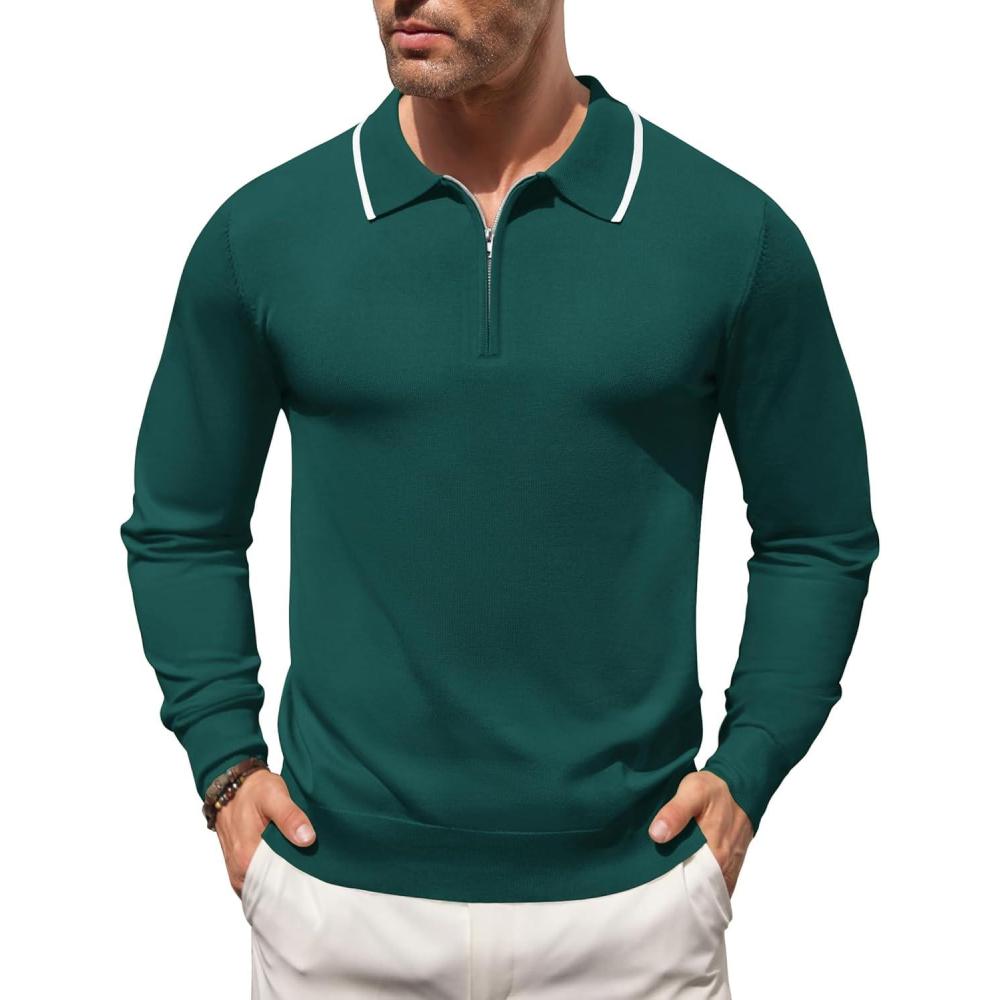 imageCOOFANDY Mens Knit Polo Sweater Casual Long Sleeve Quarter Zip Polo Sweater Classic Golf ShirtsGreen