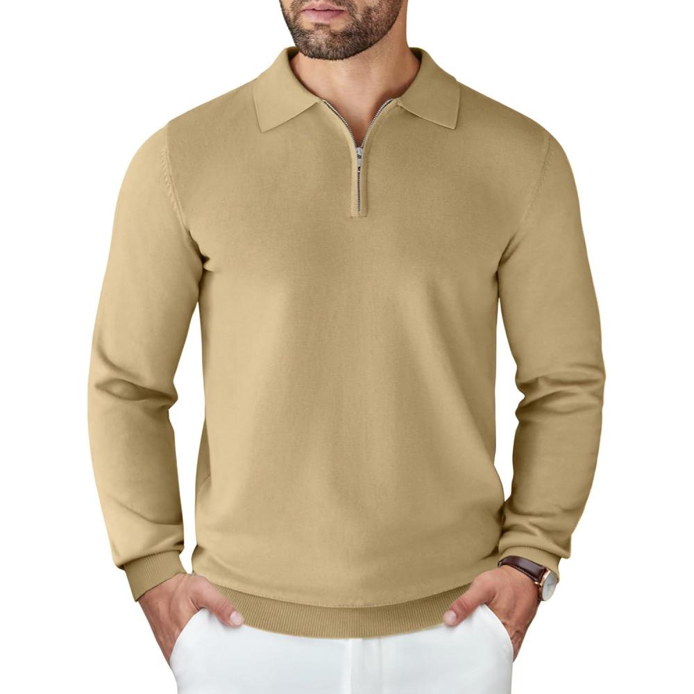 imageCOOFANDY Mens Knit Polo Sweater Casual Long Sleeve Quarter Zip Polo Sweater Classic Golf ShirtsKhaki