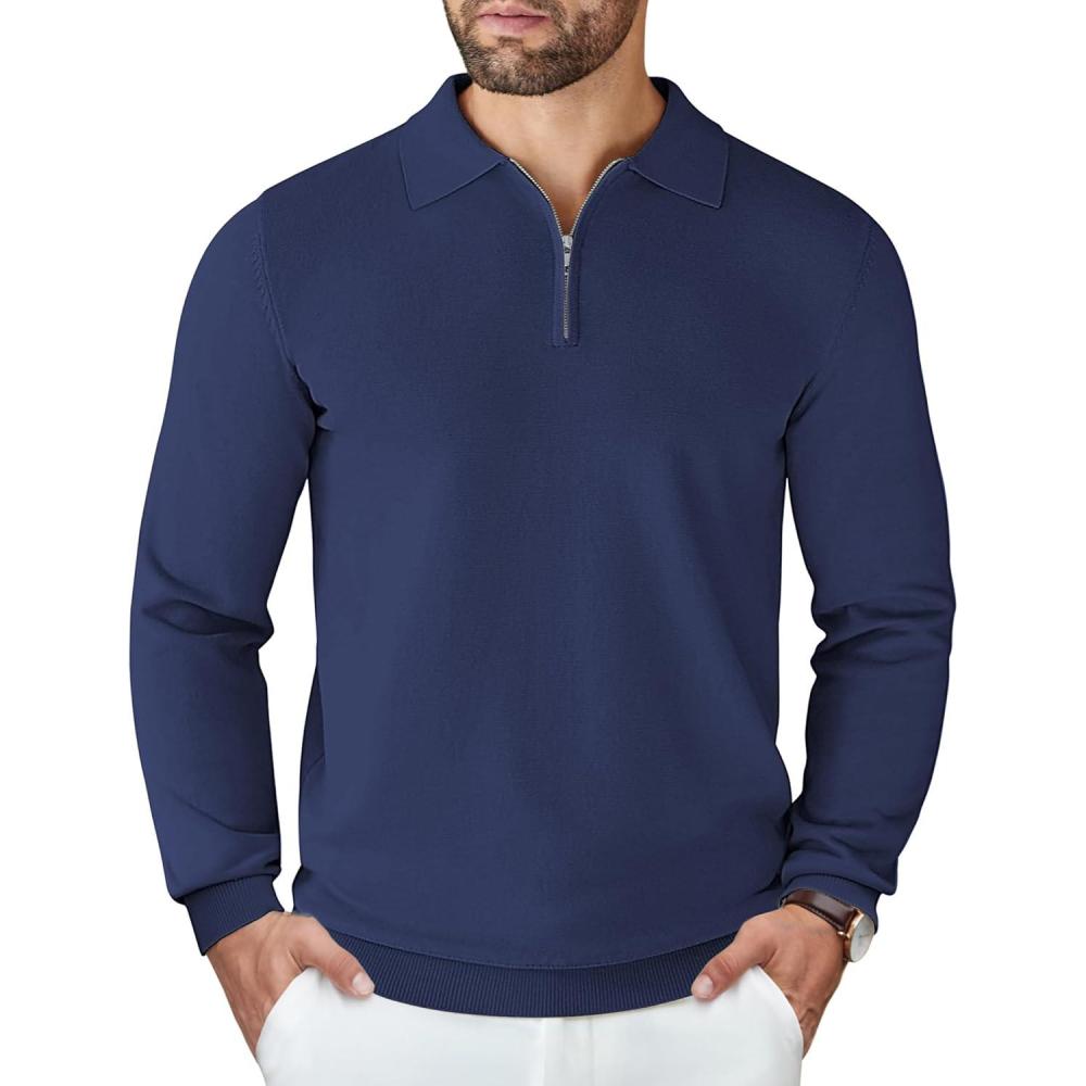 imageCOOFANDY Mens Knit Polo Sweater Casual Long Sleeve Quarter Zip Polo Sweater Classic Golf ShirtsNavy Blue