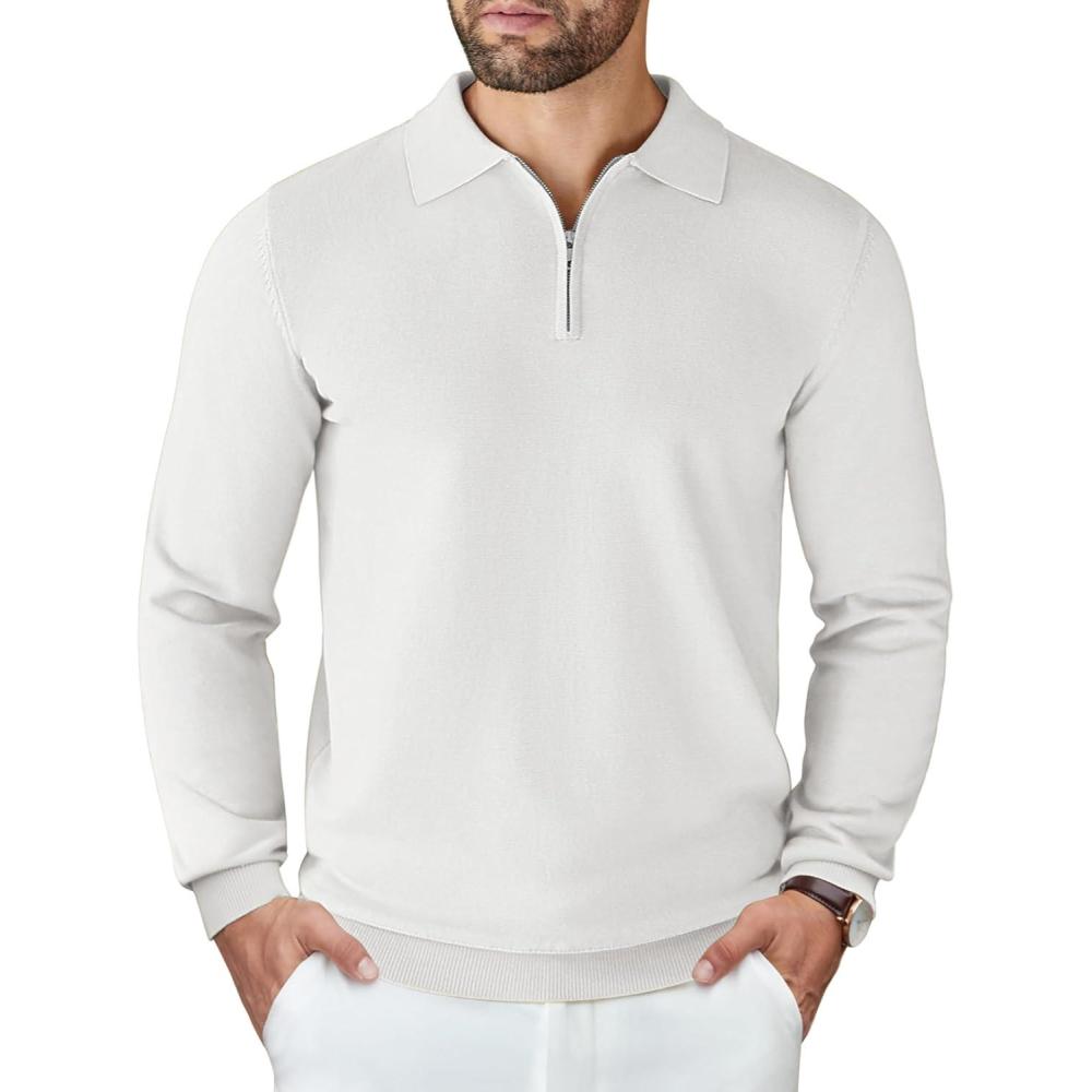imageCOOFANDY Mens Knit Polo Sweater Casual Long Sleeve Quarter Zip Polo Sweater Classic Golf ShirtsWhite