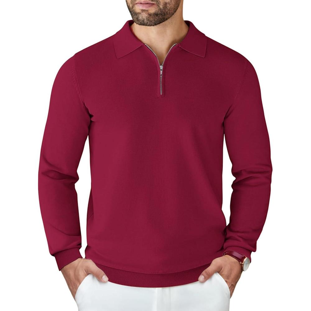 imageCOOFANDY Mens Knit Polo Sweater Casual Long Sleeve Quarter Zip Polo Sweater Classic Golf ShirtsWine Red