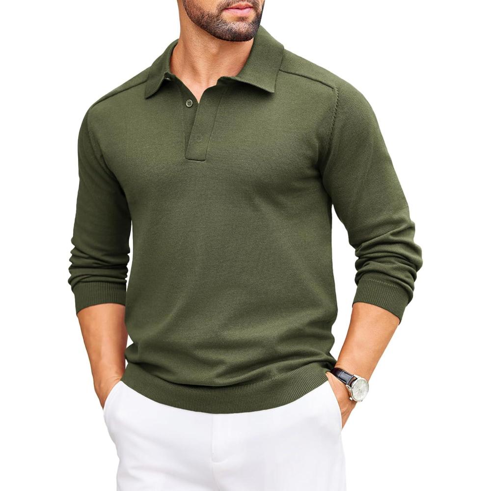 imageCOOFANDY Mens Knit Polo Sweater Long Sleeve Polo Collared Sweaters Hidden Button Casual Pullover SweaterArmy Green