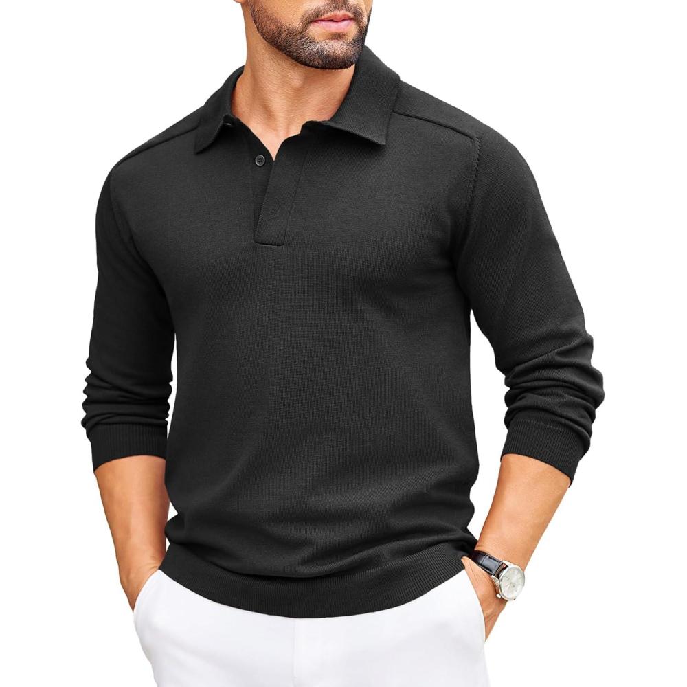 imageCOOFANDY Mens Knit Polo Sweater Long Sleeve Polo Collared Sweaters Hidden Button Casual Pullover SweaterBlack
