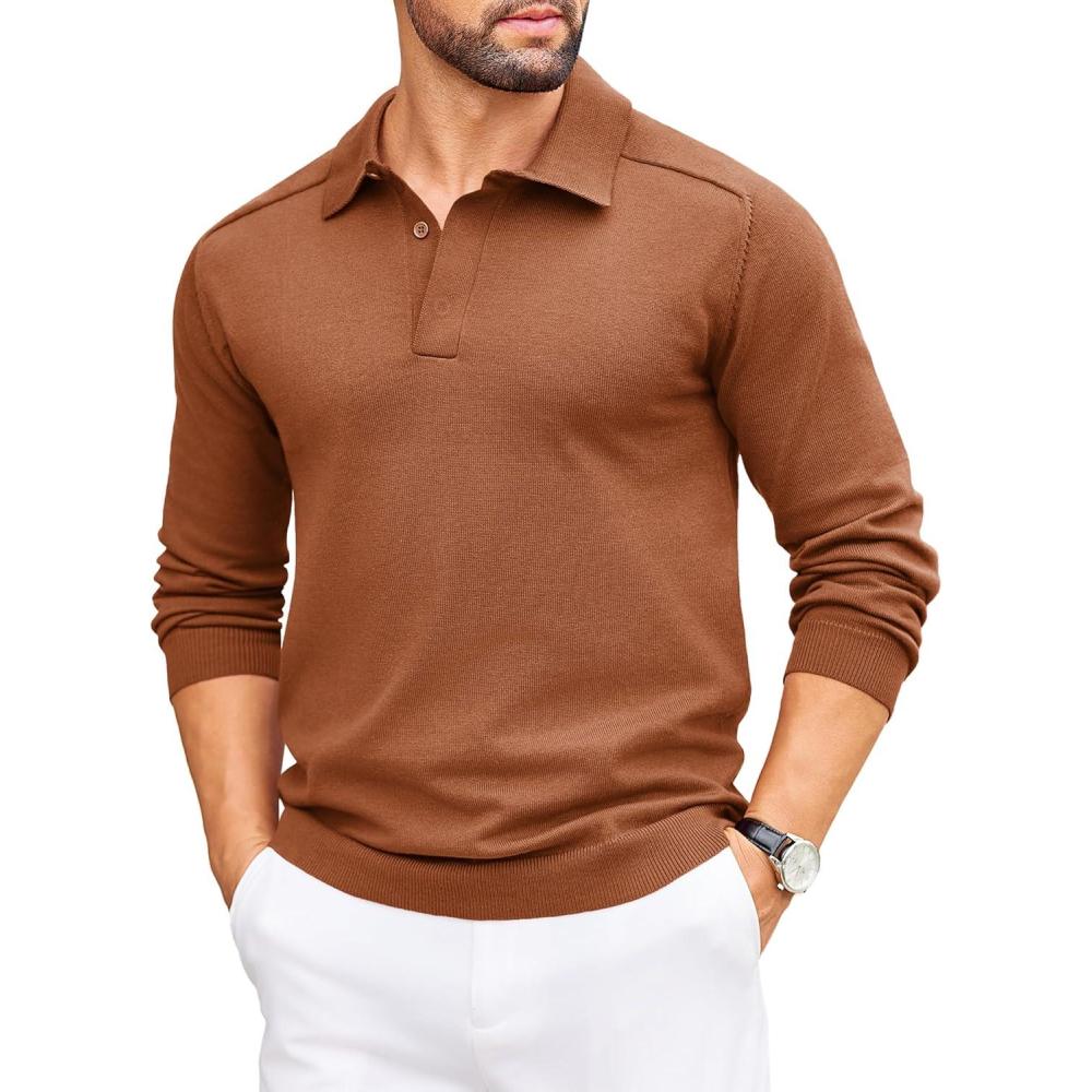 imageCOOFANDY Mens Knit Polo Sweater Long Sleeve Polo Collared Sweaters Hidden Button Casual Pullover SweaterBrown