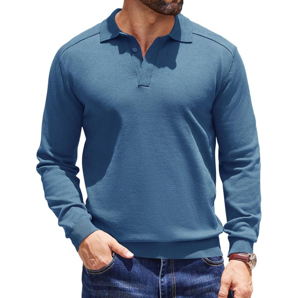 imageCOOFANDY Mens Knit Polo Sweater Long Sleeve Polo Collared Sweaters Hidden Button Casual Pullover SweaterDark Blue