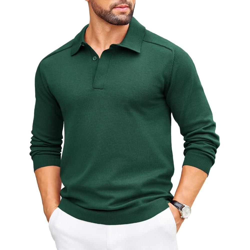 imageCOOFANDY Mens Knit Polo Sweater Long Sleeve Polo Collared Sweaters Hidden Button Casual Pullover SweaterDark Green