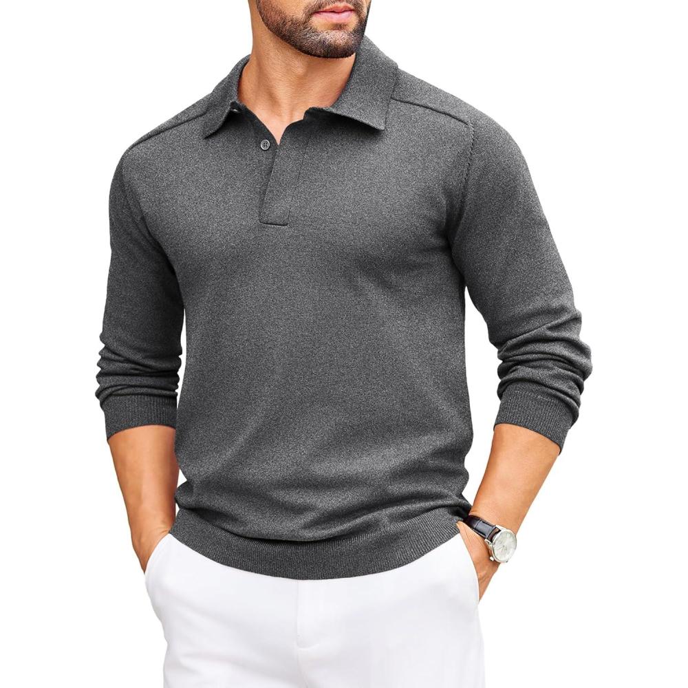 imageCOOFANDY Mens Knit Polo Sweater Long Sleeve Polo Collared Sweaters Hidden Button Casual Pullover SweaterDark Grey