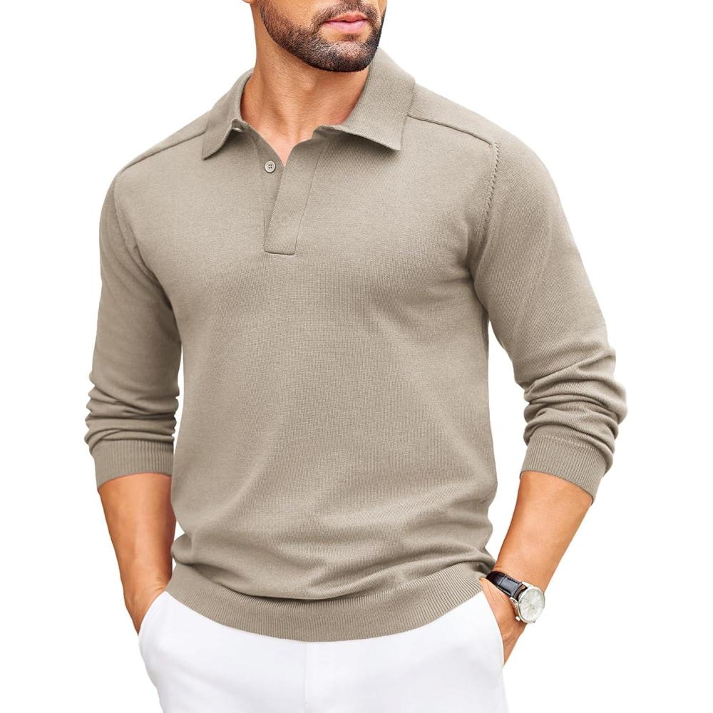 imageCOOFANDY Mens Knit Polo Sweater Long Sleeve Polo Collared Sweaters Hidden Button Casual Pullover SweaterKhaki