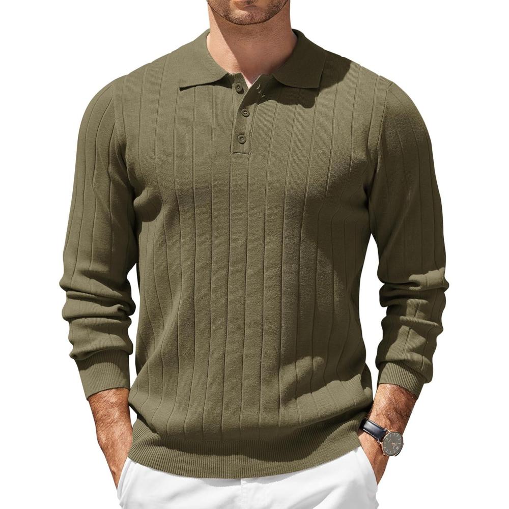 imageCOOFANDY Mens Knit Polo Sweater Long Sleeve Polos Lightweight Casual Dress Pullover SweatersArmy Green