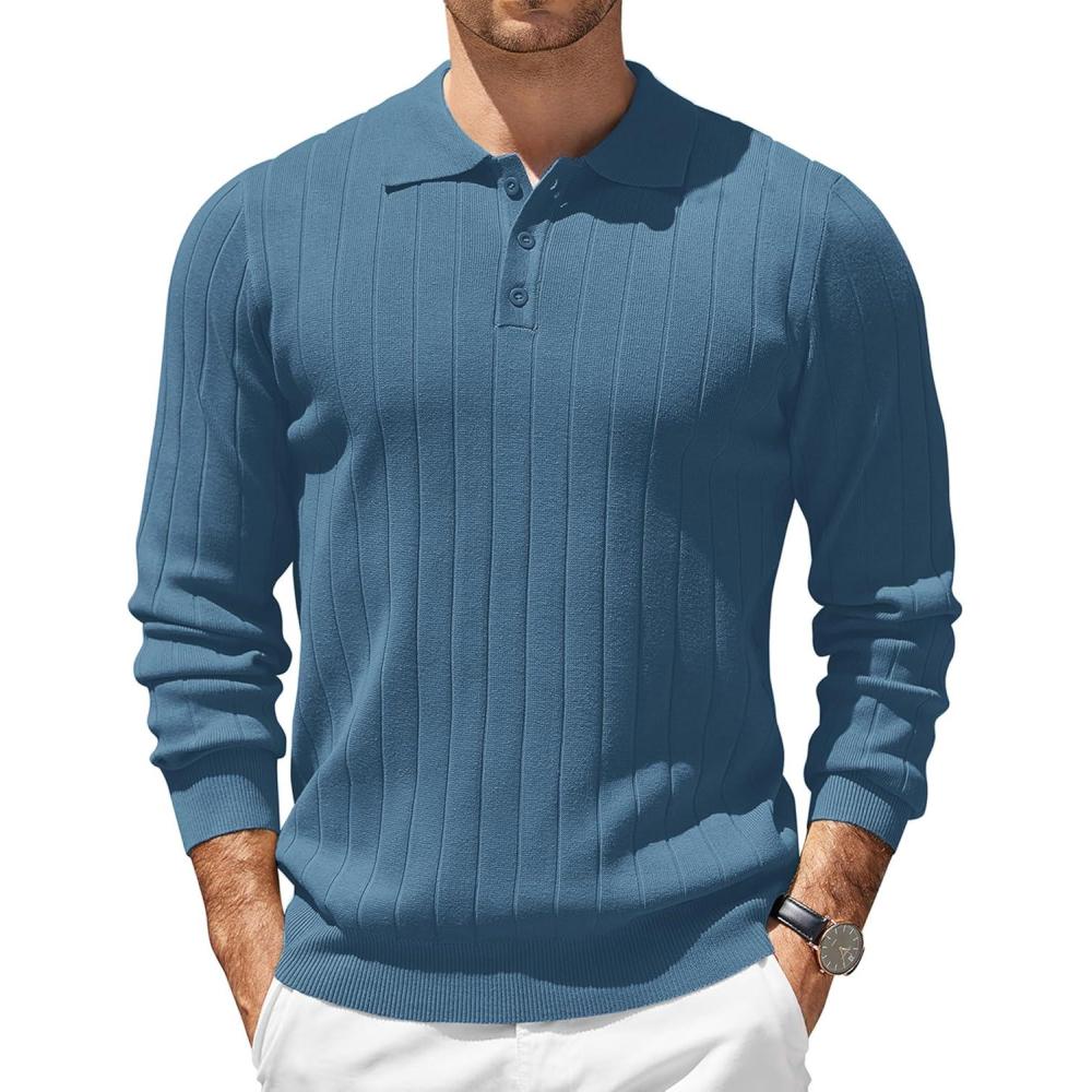 imageCOOFANDY Mens Knit Polo Sweater Long Sleeve Polos Lightweight Casual Dress Pullover SweatersBlue