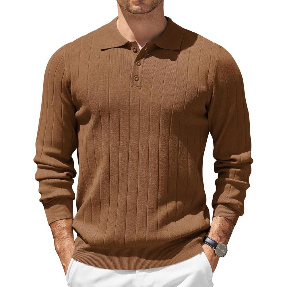 imageCOOFANDY Mens Knit Polo Sweater Long Sleeve Polos Lightweight Casual Dress Pullover SweatersBrown