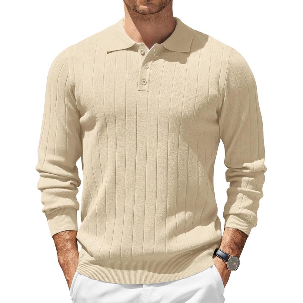 imageCOOFANDY Mens Knit Polo Sweater Long Sleeve Polos Lightweight Casual Dress Pullover SweatersChampagne
