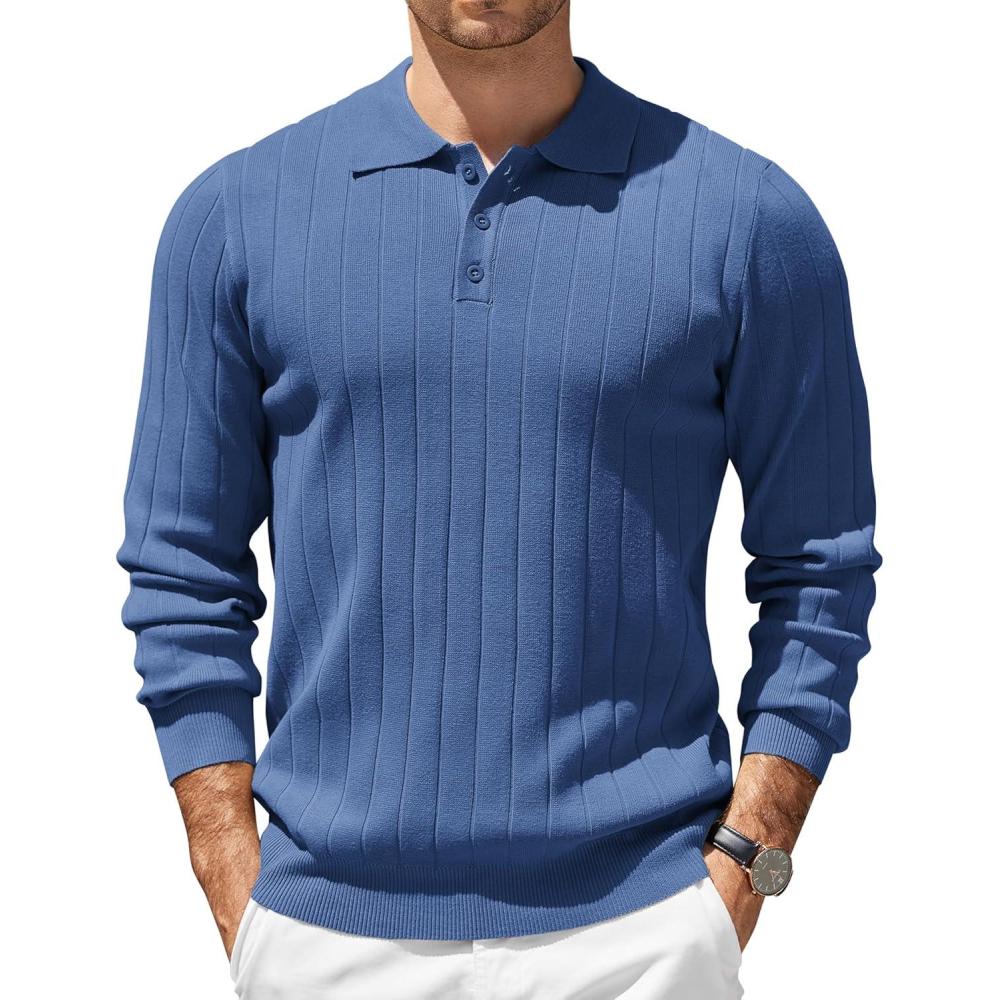 imageCOOFANDY Mens Knit Polo Sweater Long Sleeve Polos Lightweight Casual Dress Pullover SweatersDemin Blue