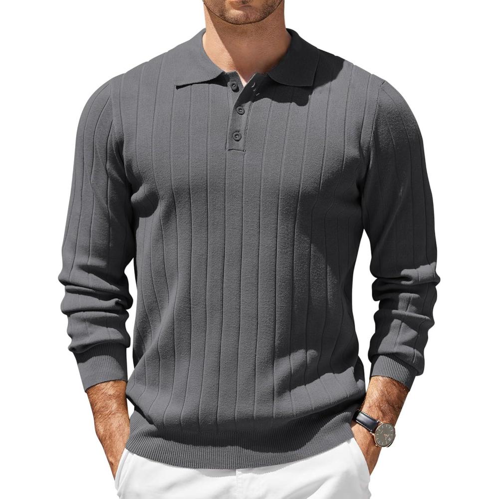 imageCOOFANDY Mens Knit Polo Sweater Long Sleeve Polos Lightweight Casual Dress Pullover SweatersGrey