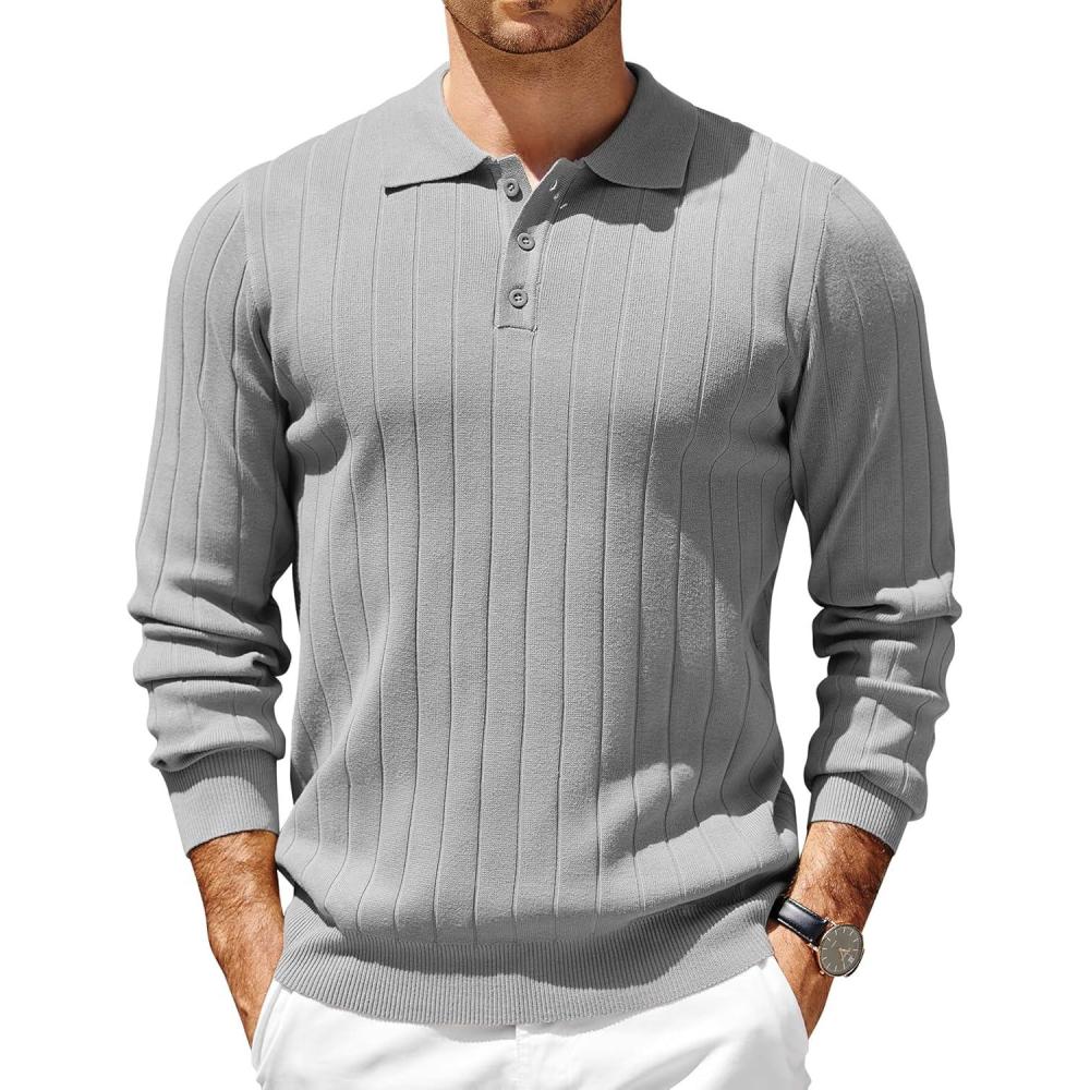 imageCOOFANDY Mens Knit Polo Sweater Long Sleeve Polos Lightweight Casual Dress Pullover SweatersLight Grey