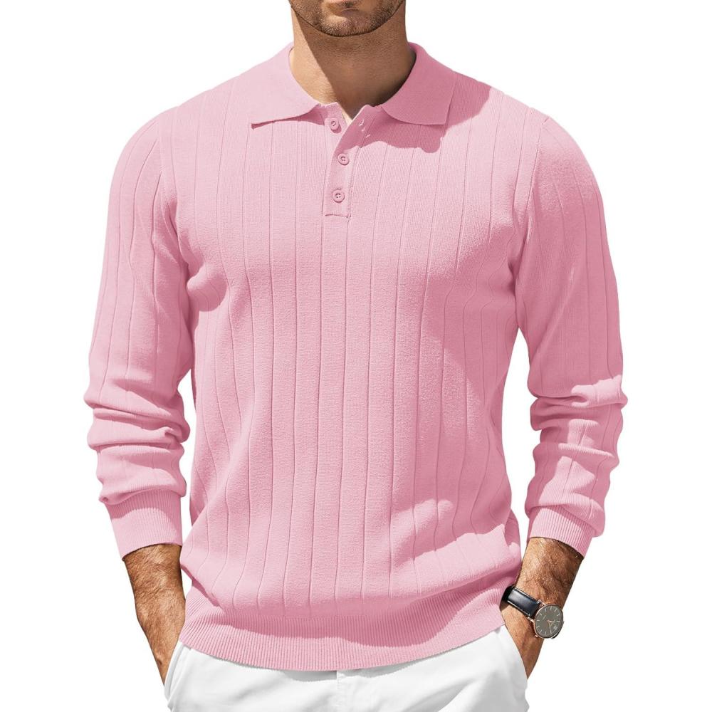 imageCOOFANDY Mens Knit Polo Sweater Long Sleeve Polos Lightweight Casual Dress Pullover SweatersPink
