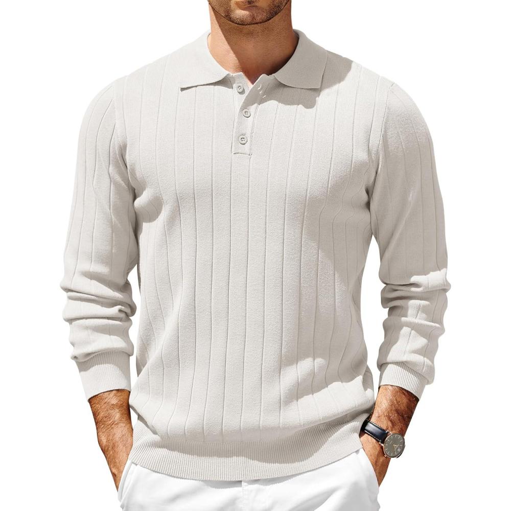 imageCOOFANDY Mens Knit Polo Sweater Long Sleeve Polos Lightweight Casual Dress Pullover SweatersWhite