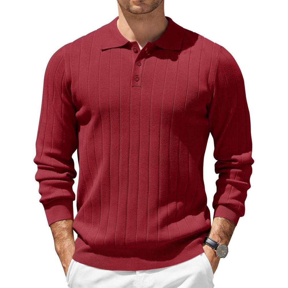 imageCOOFANDY Mens Knit Polo Sweater Long Sleeve Polos Lightweight Casual Dress Pullover SweatersWine Red