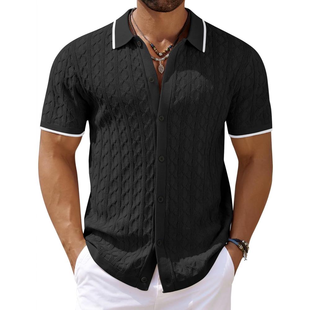 imageCOOFANDY Mens Knit Short Sleeve Shirts Button Down Vintage Knitted Polo Shirt Casual Beach Crochet Cable Vacation ShirtBlackwhite
