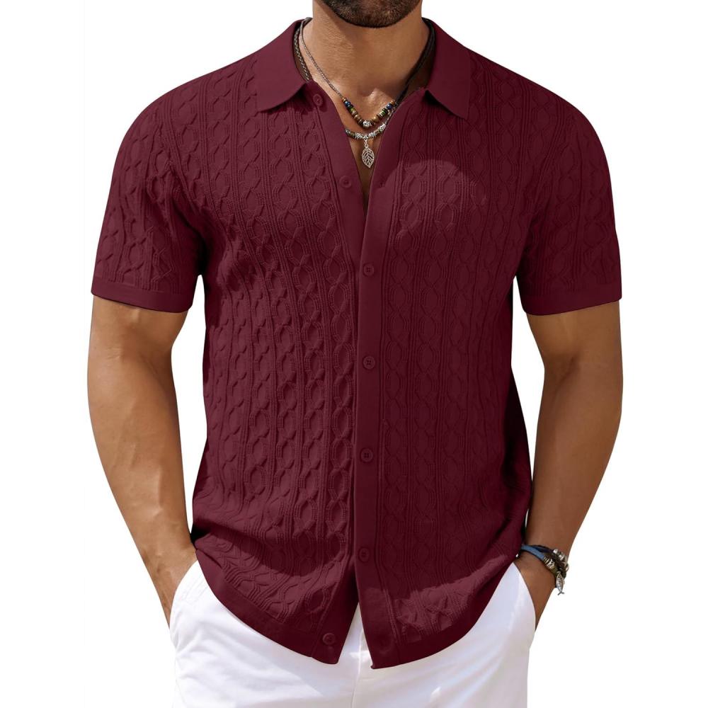 imageCOOFANDY Mens Knit Short Sleeve Shirts Button Down Vintage Knitted Polo Shirt Casual Beach Crochet Cable Vacation ShirtClaret