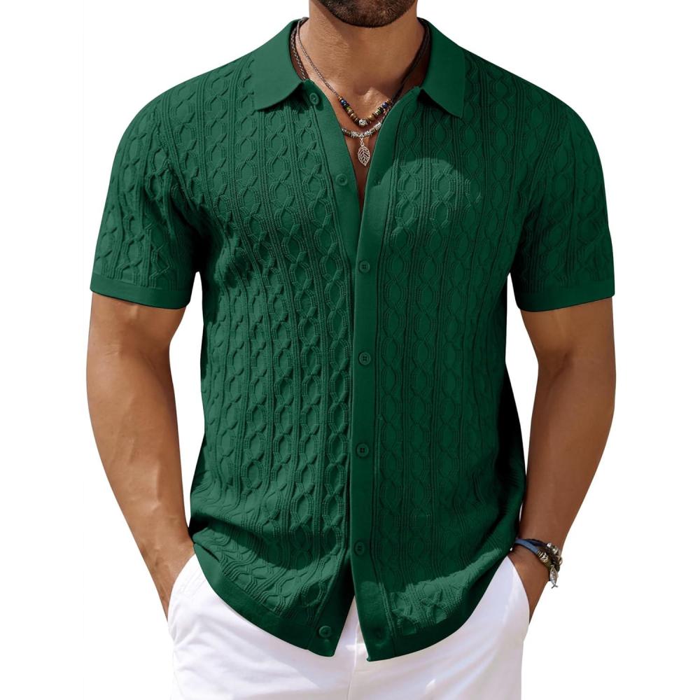 imageCOOFANDY Mens Knit Short Sleeve Shirts Button Down Vintage Knitted Polo Shirt Casual Beach Crochet Cable Vacation ShirtGreen