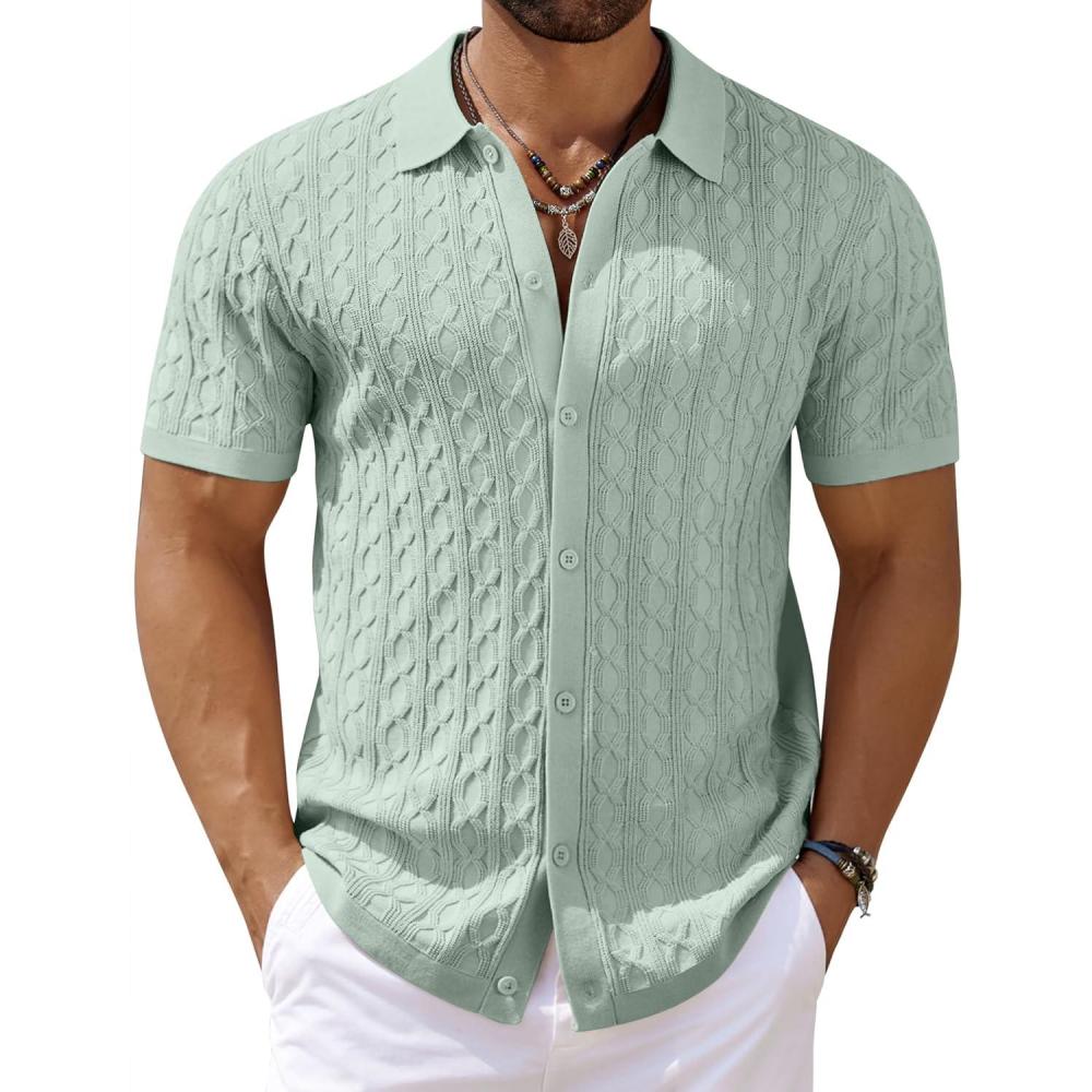 imageCOOFANDY Mens Knit Short Sleeve Shirts Button Down Vintage Knitted Polo Shirt Casual Beach Crochet Cable Vacation ShirtIce Green
