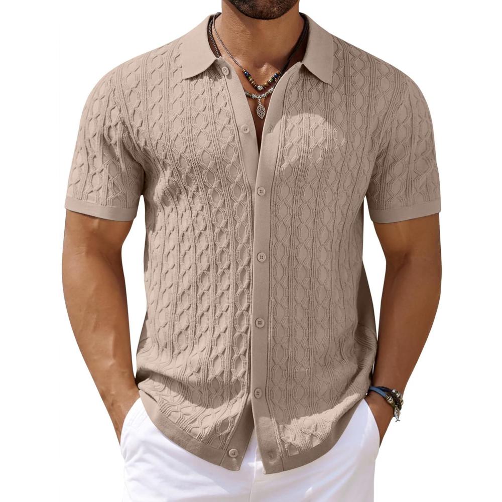 imageCOOFANDY Mens Knit Short Sleeve Shirts Button Down Vintage Knitted Polo Shirt Casual Beach Crochet Cable Vacation ShirtKhaki