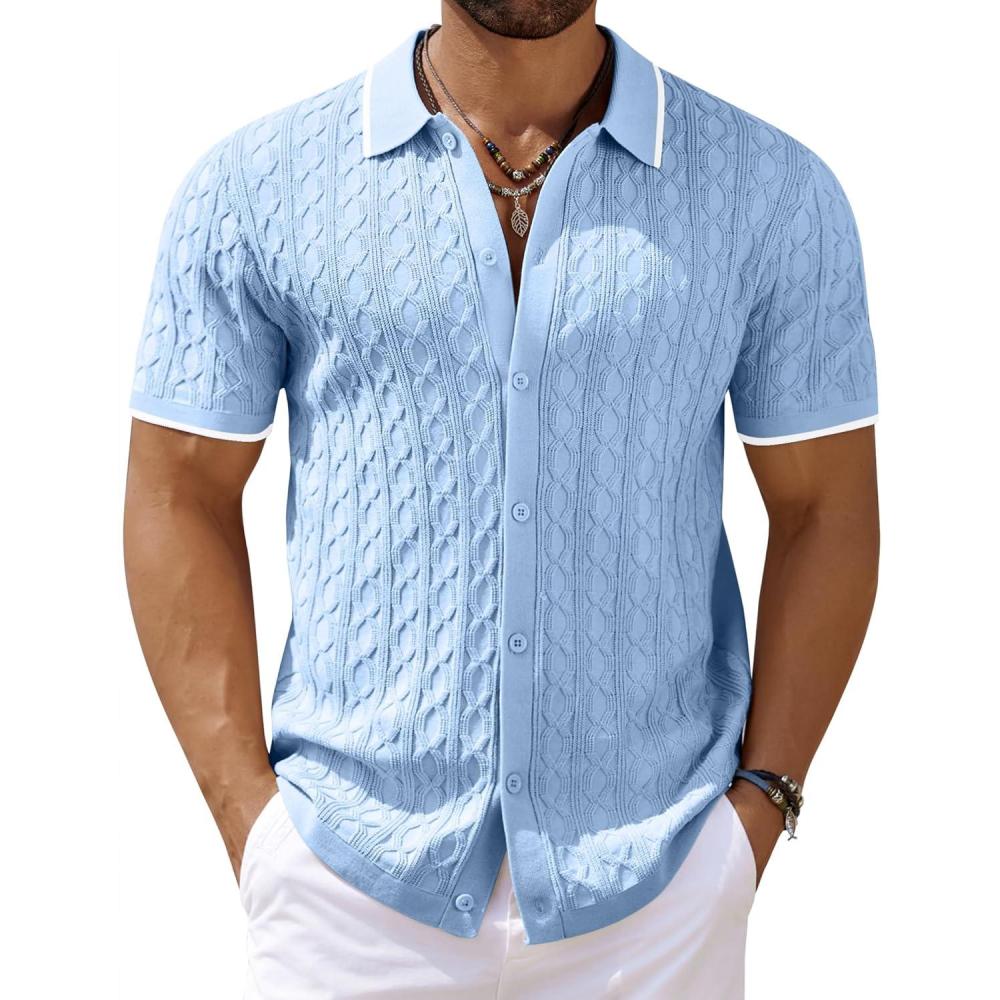 imageCOOFANDY Mens Knit Short Sleeve Shirts Button Down Vintage Knitted Polo Shirt Casual Beach Crochet Cable Vacation ShirtLight Bluewhite