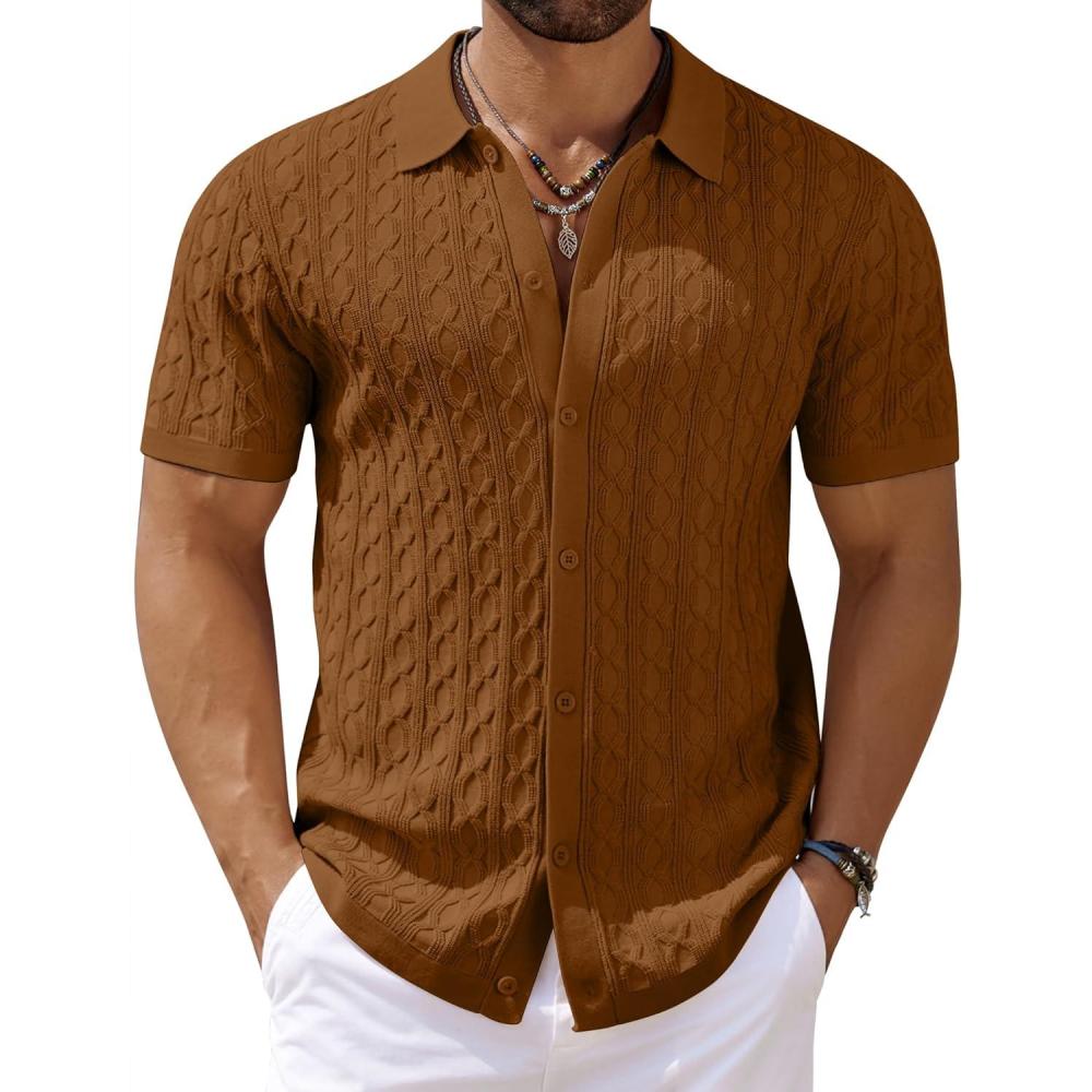 imageCOOFANDY Mens Knit Short Sleeve Shirts Button Down Vintage Knitted Polo Shirt Casual Beach Crochet Cable Vacation ShirtLight Brown